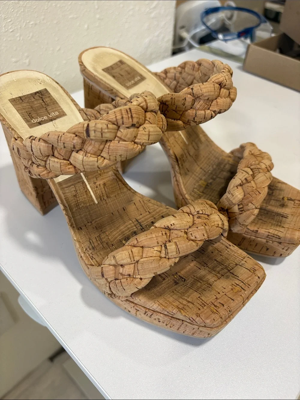 Dolce Vita Ashby Braided Cork Double-Strap Slide Heels in Natural Tan